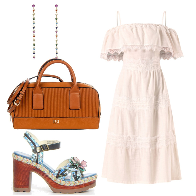 Outfit donna - Relax. Stile Boho per Tutti i giorni. Abbinamento con orecchini, vestiti lunghi, borse a mano, sandali col tacco.