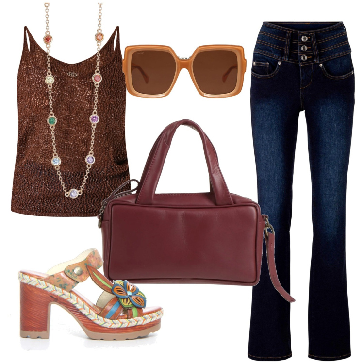 Outfit donna - Anni \'70 d\'estate. Stile 70s per Tutti i giorni. Abbinamento con jeans bootcut, borse a mano, occhiali da sole, collane, top, ciabatte.