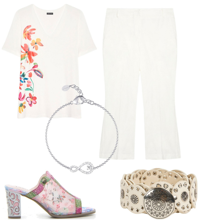 Outfit donna - Bianco curvy. Stile Casual per Ufficio. Abbinamento con cinture, braccialetti, pantaloni, t-shirt, sabot.