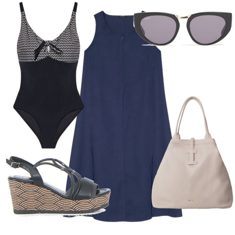 Outfit donna - Total look #2192437. Stile Trendy per Mare. Abbinamento con borse tote, vestiti midi/longuette, costumi interi, sandali in pelle, occhiali da sole.