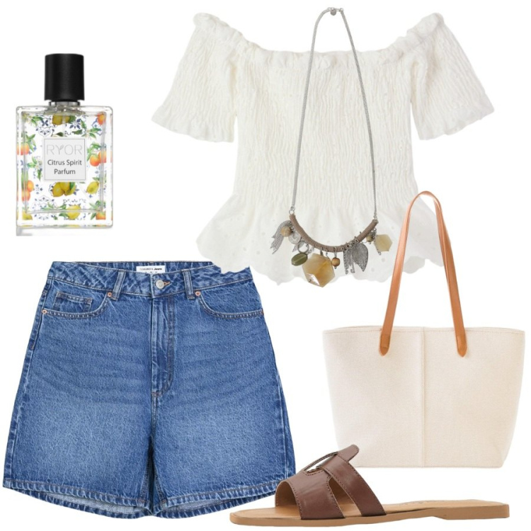Outfit donna - La blusa arricciata. Stile Basic per Mare. Abbinamento con shopping bag, ciabatte, profumi, bluse, bermuda, collane.