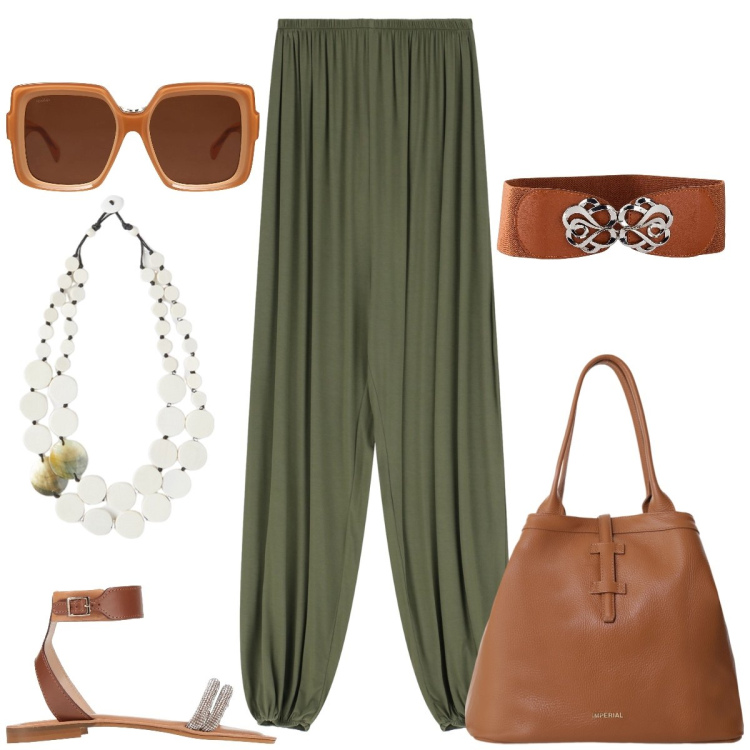 Outfit donna - Passeggiata. Stile Boho per Tutti i giorni. Abbinamento con cinture, sandali in pelle, occhiali da sole, borse tote, tute, ciondoli.
