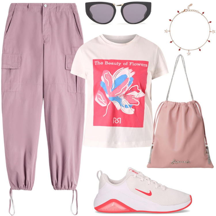 Outfit donna - Sportiva. Stile Urban per Sport. Abbinamento con braccialetti con ciondoli, t-shirt, borse a secchiello, pantaloni cargo, occhiali da sole, sneakers.