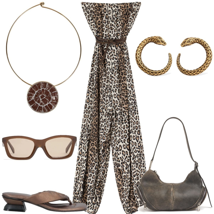 Outfit donna - Animalier. Stile Trendy per Tutti i giorni. Abbinamento con collane, infradito, tute, occhiali da sole, borse a spalla, orecchini.