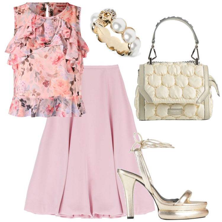 Outfit donna - Shopping in città. Stile Glamour per Tutti i giorni. Abbinamento con sandali in pelle, borse a mano, gonne longuette, top, anelli.