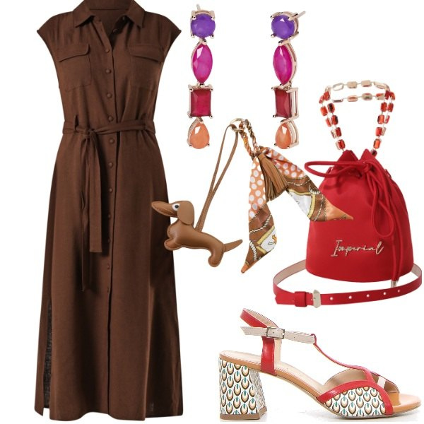 Outfit donna - Serata tra amici. Stile Casual chic per Serata fuori. Abbinamento con orecchini, vestiti chemisier, borse a secchiello, portachiavi, sandali col tacco.