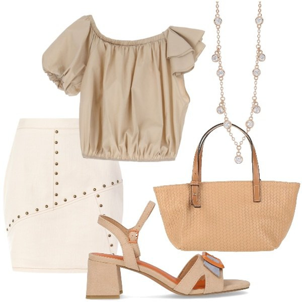 Outfit donna - Serata tra amici. Stile Casual chic per Serata fuori. Abbinamento con borse a mano, collane, gonne, top, sandali col tacco.