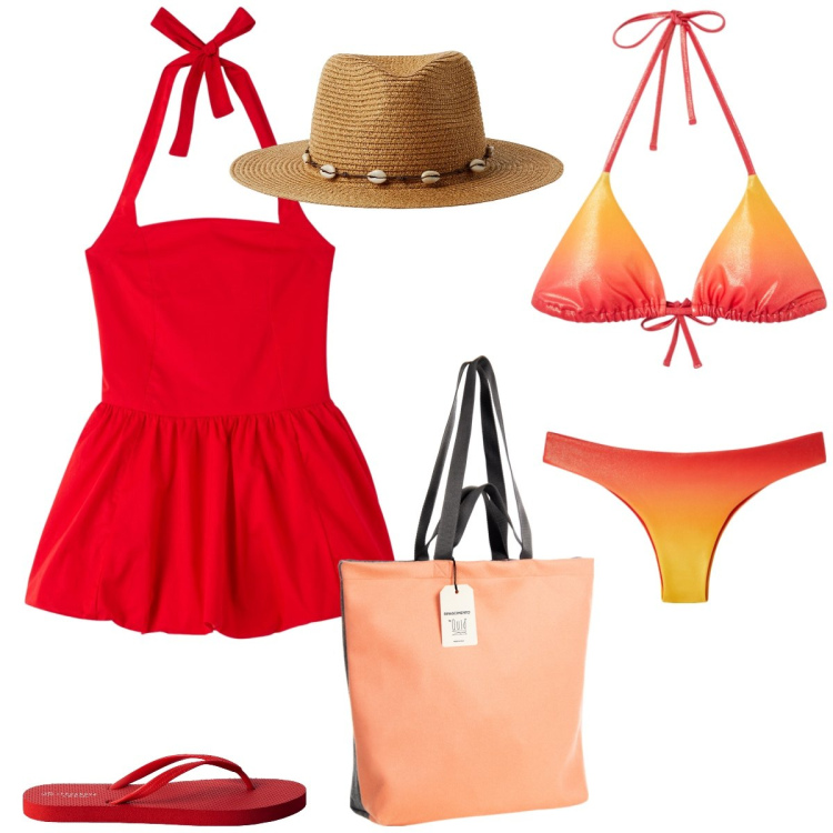 Outfit donna - Al mare. Stile Basic per Mare. Abbinamento con vestiti corti, infradito, bikini, bikini, cappelli, borse tote.