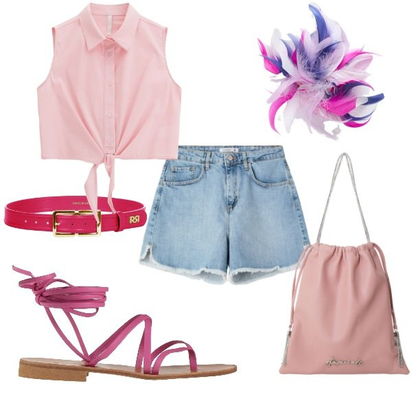 Outfit donna - Sfumature di colore. Stile Casual per Tutti i giorni. Abbinamento con infradito, shorts, cinture, borse a secchiello, camicie, accessori per capelli.