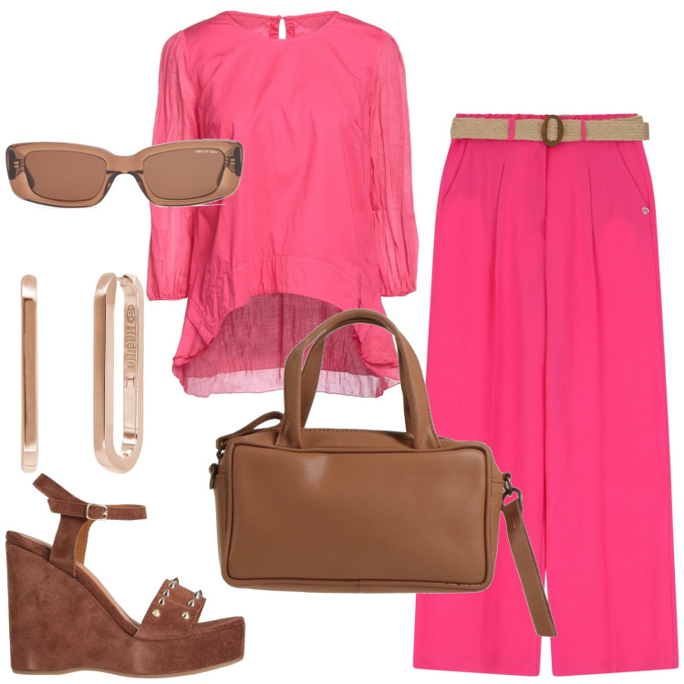 Outfit donna - Very stylish girl. Stile Trendy per Ufficio. Abbinamento con top, sandali in pelle, borse a mano, orecchini, pantaloni, occhiali da sole.