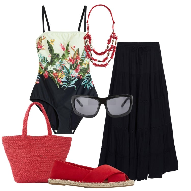 Outfit donna - Aperitivo al tramonto. Stile Romantica per Mare. Abbinamento con costumi interi, espadrillas, shopping bag, gonne lunghe, occhiali da sole, collane.