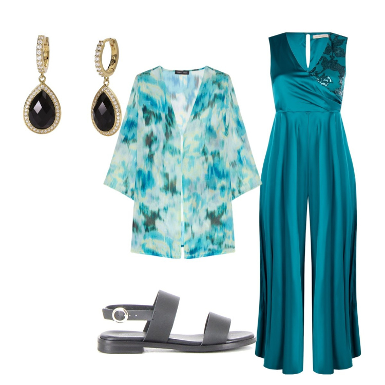 Outfit donna - Raffinata e sensuale. Stile Chic per Cerimonia. Abbinamento con orecchini, tute, blazer, sandali.
