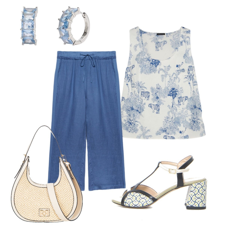 Outfit donna - Azzurro polvere must have. Stile Bon Ton per Tutti i giorni. Abbinamento con orecchini, borse a mano, pantaloni, top, sandali col tacco.
