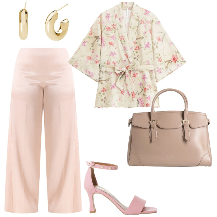 Outfit donna - A lavoro. per Ufficio. Abbinamento con borse a mano, orecchini, pantaloni a palazzo, sandali col tacco, kimono.