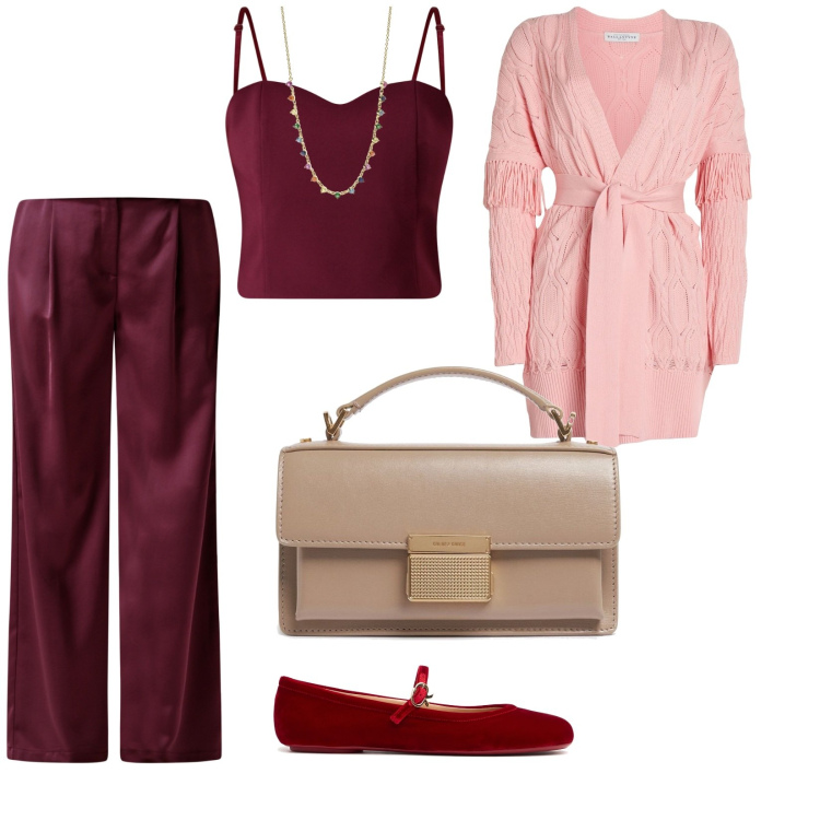 Outfit donna - Serate estive in collina. per Serata fuori. Abbinamento con cardigans, collane, pantaloni a palazzo, top, borse a mano, ballerine.
