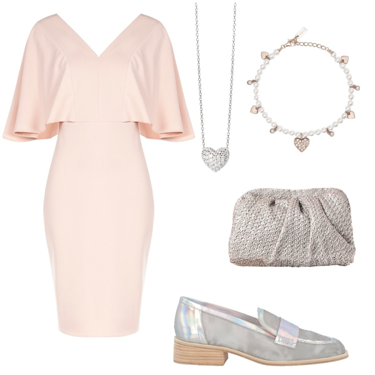 Outfit donna - Matrimonio pink 🩷. Stile Chic per Cerimonia. Abbinamento con mocassini, vestiti a tubino, clutch, braccialetti, collane.