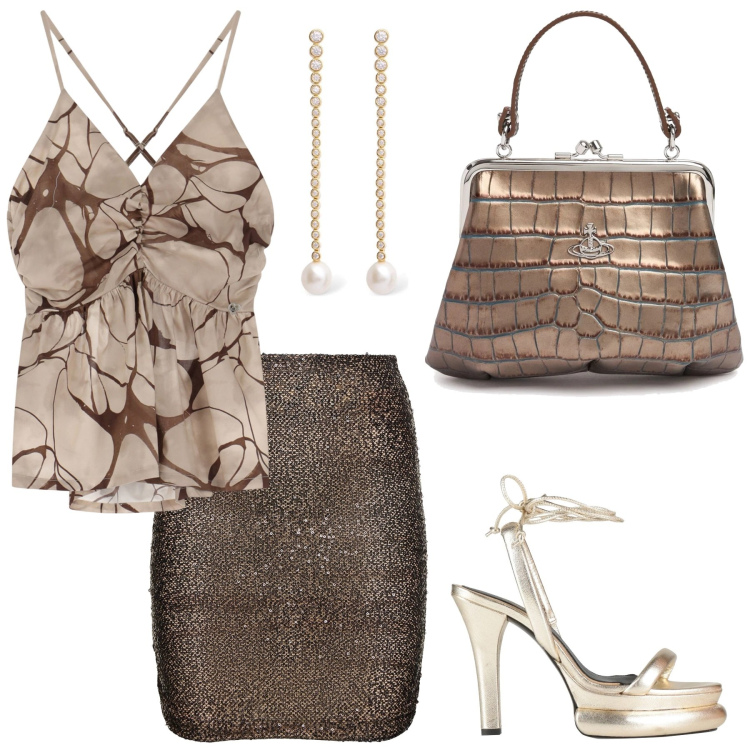 Outfit donna - A cena con classe. Stile Glamour per Serata fuori. Abbinamento con sandali in pelle, canottiere, orecchini, borse a mano, minigonne.