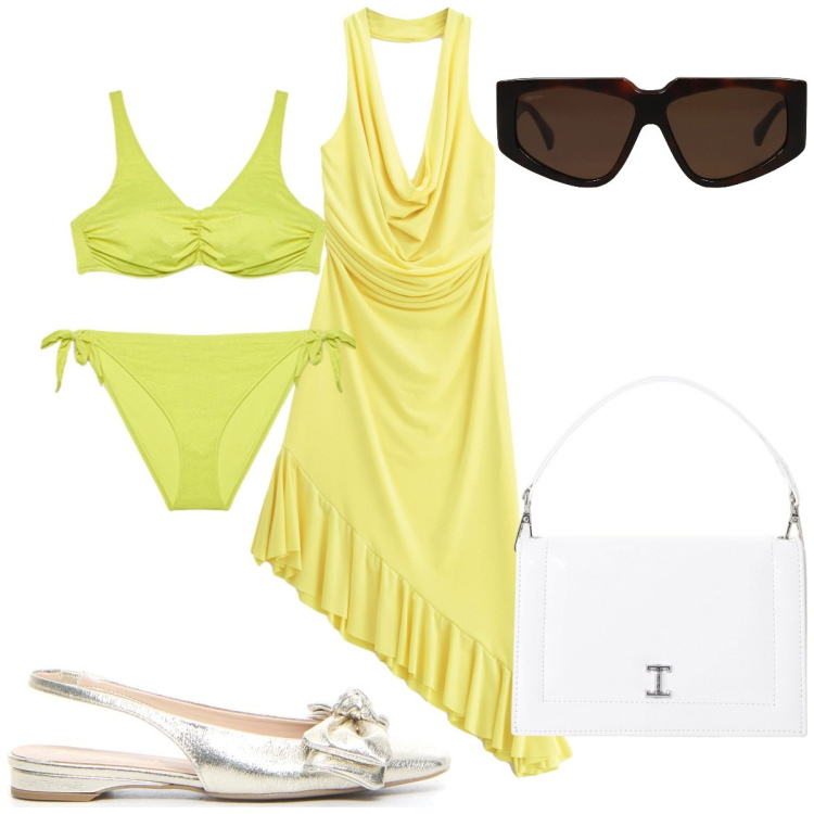 Outfit donna - Total look #2192521. Stile Trendy per Mare. Abbinamento con occhiali da sole, vestiti asimmetrici, borse a tracolla, bikini, sandali in pelle.