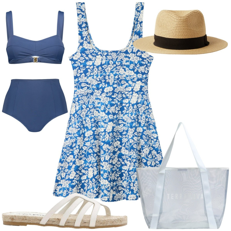 Outfit donna - Total look #2192525. Stile Trendy per Mare. Abbinamento con ciabatte, cappelli, shopping bag, vestiti corti, bikini.