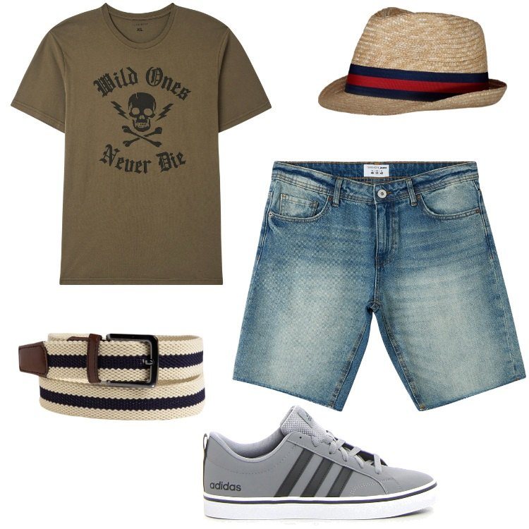 Outfit uomo - Cappello fedora. Stile Casual per Tutti i giorni. Abbinamento con t-shirt, bermuda, cinture, cappelli, sneakers.