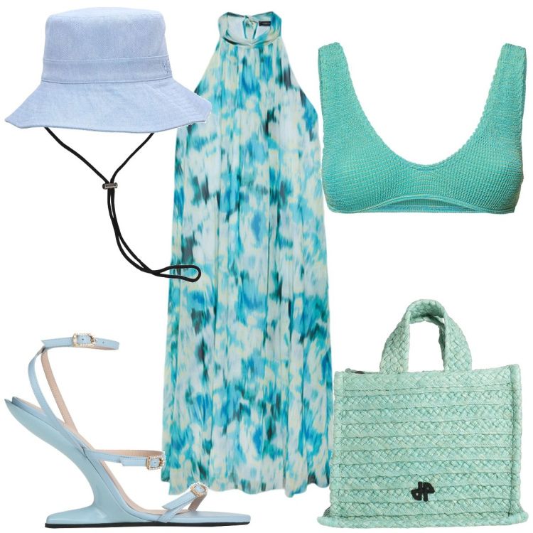 Outfit donna - Total look #2192541. Stile Trendy per Mare. Abbinamento con borse a mano, sandali in pelle, vestiti lunghi, cappelli, bikini.