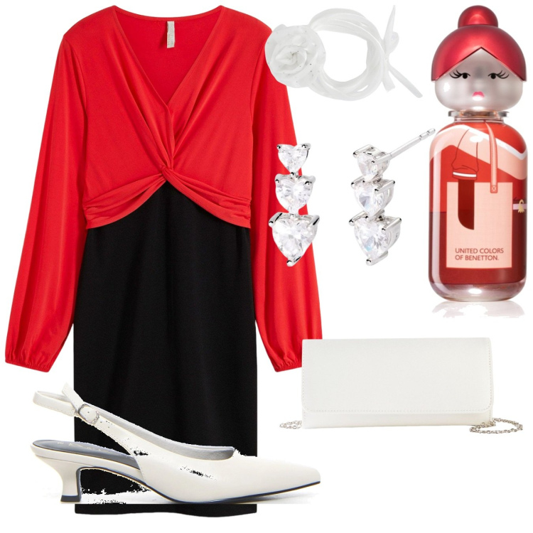 Outfit donna - Vestito rosso. Stile Casual chic per Cerimonia. Abbinamento con pochette, vestiti corti, profumi, collane, orecchini, décolleté.