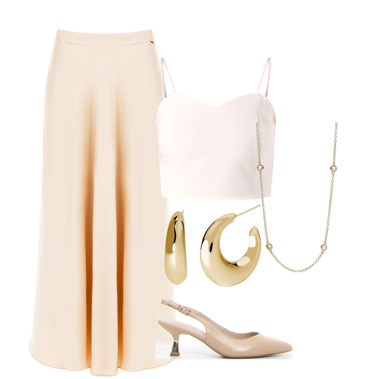 Outfit donna - L\'eleganza. Stile Chic per Serata fuori. Abbinamento con canottiere, gonne, collane, orecchini, décolleté.