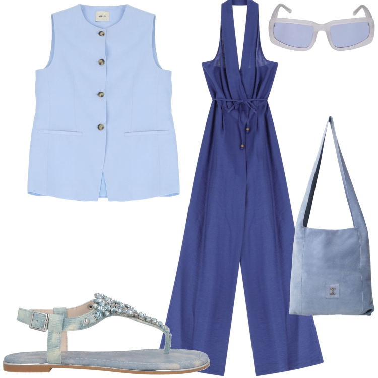 Outfit donna - Serata fuori. Stile Casual chic per Serata fuori. Abbinamento con infradito, borse a tracolla, tute, gilet, occhiali da sole.