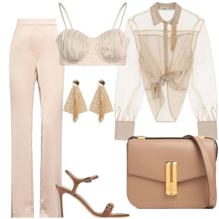 Outfit donna - Night Summer Party. Stile Glamour per Serata fuori. Abbinamento con sandali in pelle, top, pantaloni, camicie, borse a spalla, orecchini.