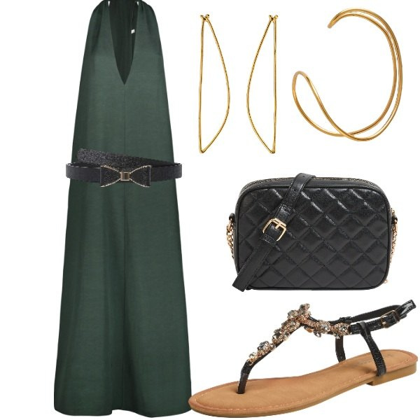 Outfit donna - Serata tra amici. Stile Casual chic per Serata fuori. Abbinamento con borse a tracolla, cinture, sandali gioiello, vestiti midi/longuette, orecchini, braccialetti.