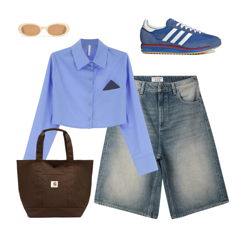 Outfit donna - Urban chic. Stile Sporty chic per Tutti i giorni. Abbinamento con bermuda, camicie, sneakers, occhiali da sole, borse tote.