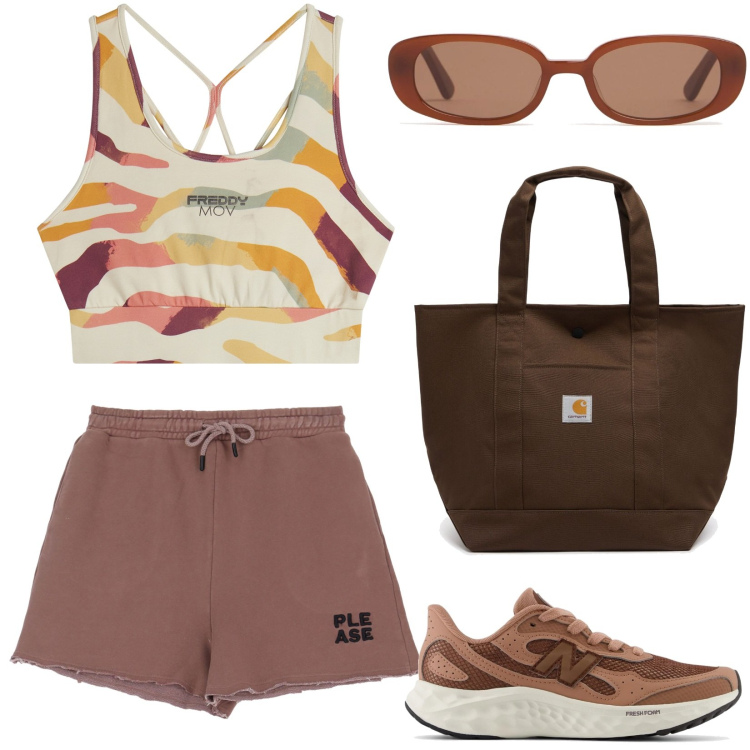 Outfit donna - Sportivissima me. Stile Casual per Sport. Abbinamento con sneakers, pantaloncini sportivi, top sportivi, occhiali da sole, borse tote.
