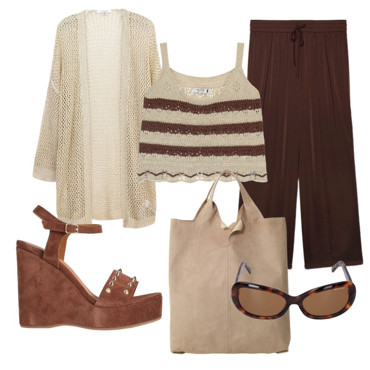 Outfit donna - Il top a righe. Stile Boho per Tutti i giorni. Abbinamento con sandali in pelle, kimono, top, shopping bag, pantaloni a palazzo, occhiali da sole.