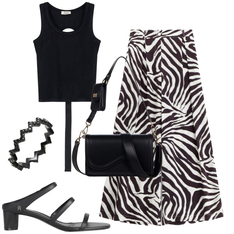 Outfit donna - City. Stile Urban per Tutti i giorni. Abbinamento con sandali in pelle, anelli, pantaloni, top, pochette.