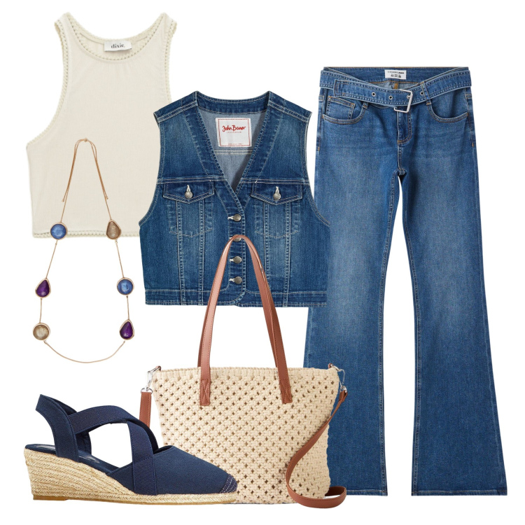 Outfit donna - Estate in denim. Stile Casual per Tutti i giorni. Abbinamento con sandali col tacco, gilet, borse a mano, jeans a zampa, top, collane.