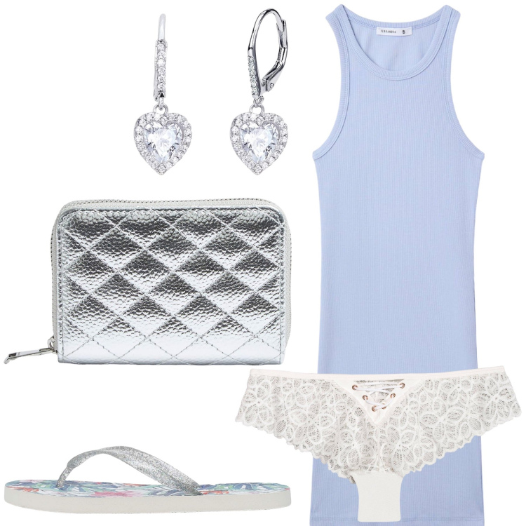 Outfit donna - A casa con lui. Stile Basic per Tutti i giorni. Abbinamento con culotte, vestiti corti, infradito, portafogli, orecchini.