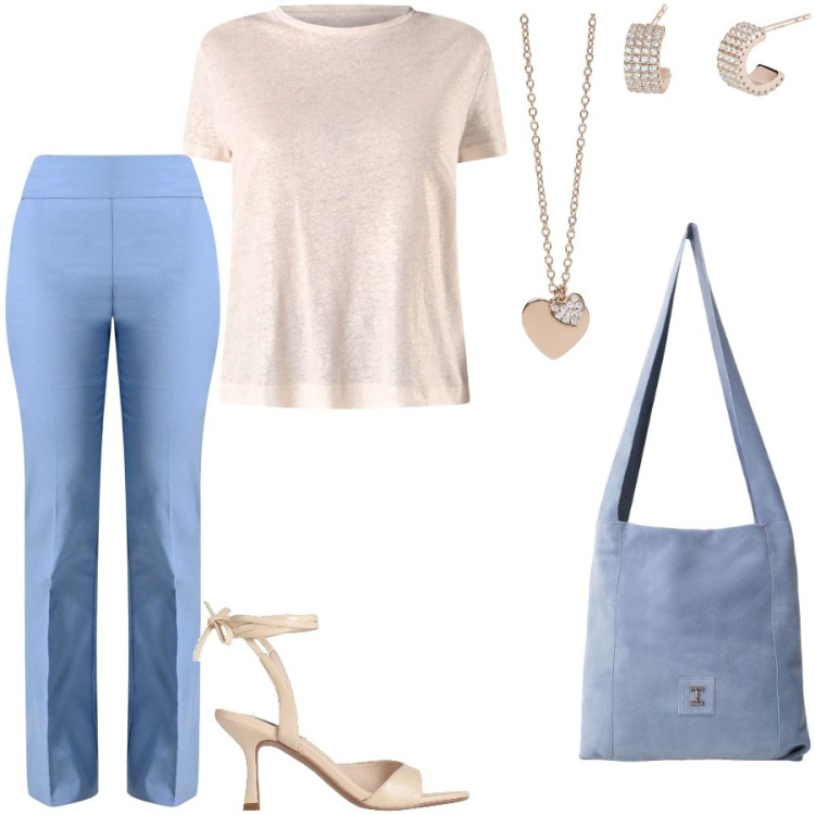 Outfit donna - My favorite style. Stile Casual chic per Ufficio. Abbinamento con sandali in pelle, borse a tracolla, orecchini, ciondoli, t-shirt, pantaloni.