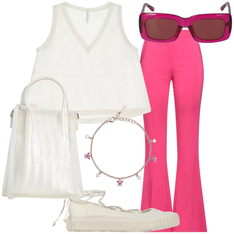 Outfit donna - Total look. Stile Urban per Tutti i giorni. Abbinamento con borse a mano, ballerine, pantaloni, braccialetti, t-shirt, occhiali da sole.