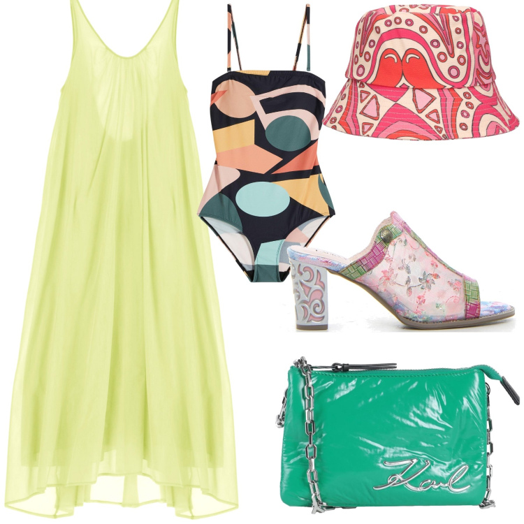 Outfit donna - Spiaggia multicolore. Stile Trendy per Mare. Abbinamento con costumi interi, borse a mano, vestiti lunghi, sabot, cappelli.