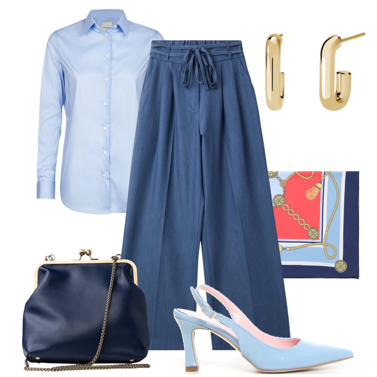 Outfit donna - Cena di lavoro estiva. Stile Bon Ton per Serata fuori. Abbinamento con jeans, orecchini, foulard, clutch, camicie, décolleté.