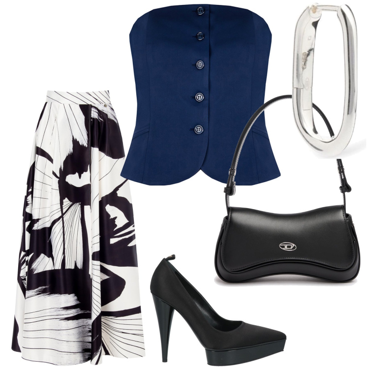 Outfit donna - Cena wow. Stile Chic per Serata fuori. Abbinamento con décolleté, gonne lunghe, top, orecchini, borse a spalla.