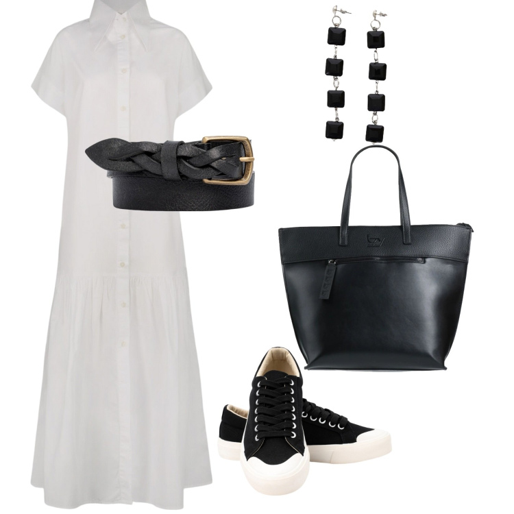 Outfit donna - Bianco e nero. per Tutti i giorni. Abbinamento con borse a mano, orecchini, sneakers, vestiti lunghi, cinture.