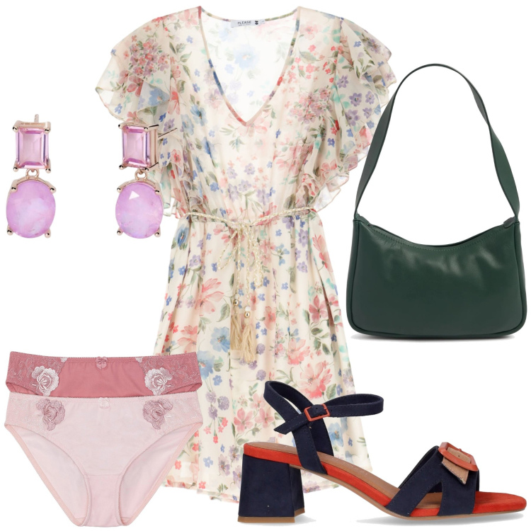 Outfit donna - Un fresco abito. Stile Urban per Ufficio. Abbinamento con culotte, orecchini, vestiti corti, borse a spalla, sandali col tacco.