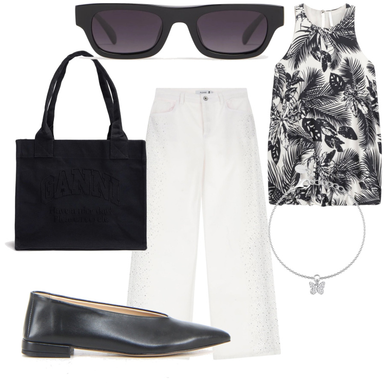 Outfit donna - Bicolor. Stile Urban per Ufficio. Abbinamento con braccialetti con ciondoli, pantaloni, vestiti corti, ballerine, shopping bag, occhiali da sole.