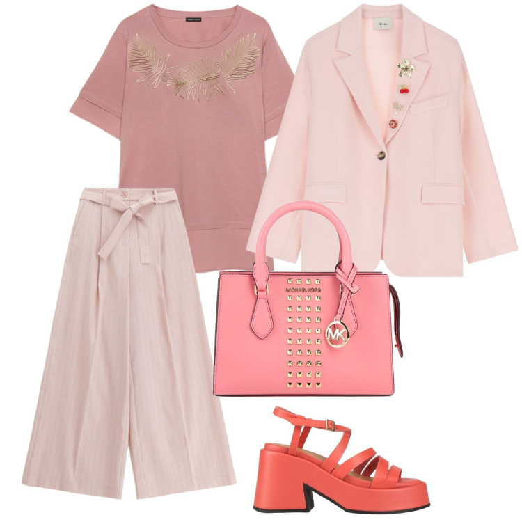 Outfit donna - A lavoro. per Ufficio. Abbinamento con sandali in pelle, borse a mano, pantaloni, blazer, t-shirt.