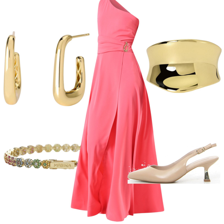 Outfit donna - Serata d\'estate. Stile Chic per Serata fuori. Abbinamento con vestiti asimmetrici, braccialetti, anelli, orecchini, décolleté.