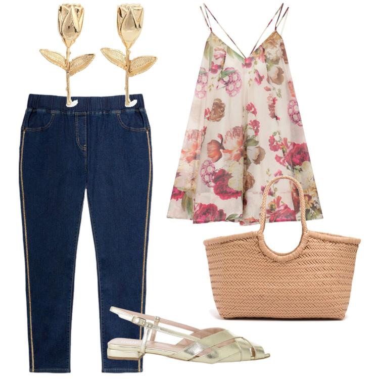 Outfit donna - A lavoro. per Tutti i giorni. Abbinamento con vestiti corti, sandali, jeggings, shopping bag, orecchini.