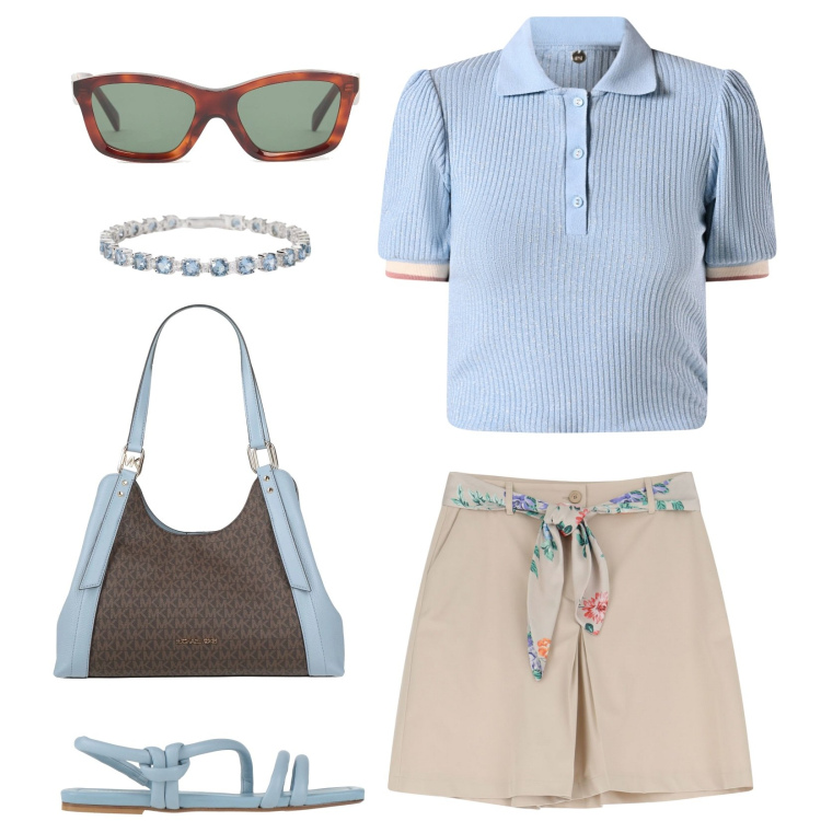 Outfit donna - Cielo. Stile Casual per Tutti i giorni. Abbinamento con borse a mano, sandali in pelle, braccialetti, polo, shorts, occhiali da sole.