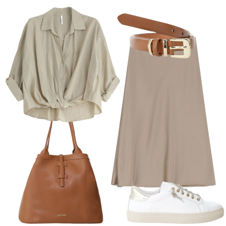 Outfit donna - Leggerezza in ufficio. Stile Casual per Tutti i giorni. Abbinamento con cinture, gonne longuette, camicie, sneakers, borse tote.