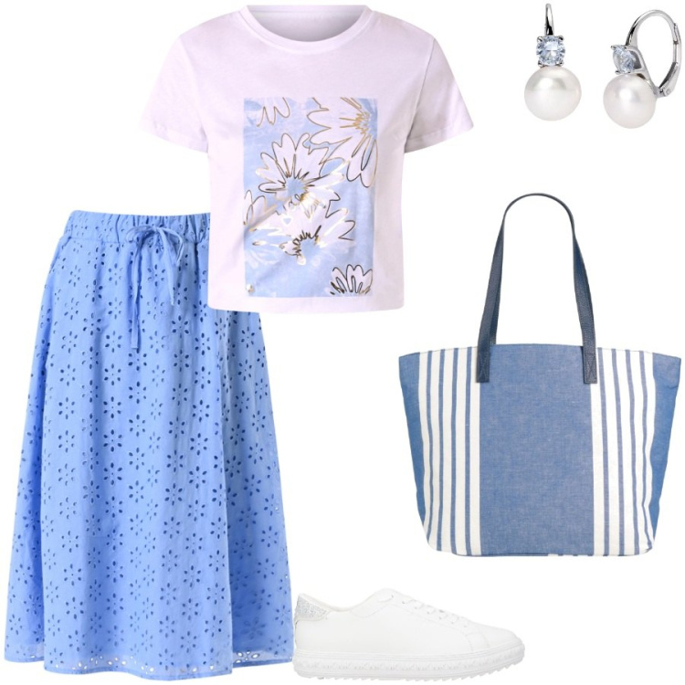 Outfit donna - Mix. Stile Casual chic per Tutti i giorni. Abbinamento con sneakers, borse a spalla, orecchini, gonne longuette, t-shirt.